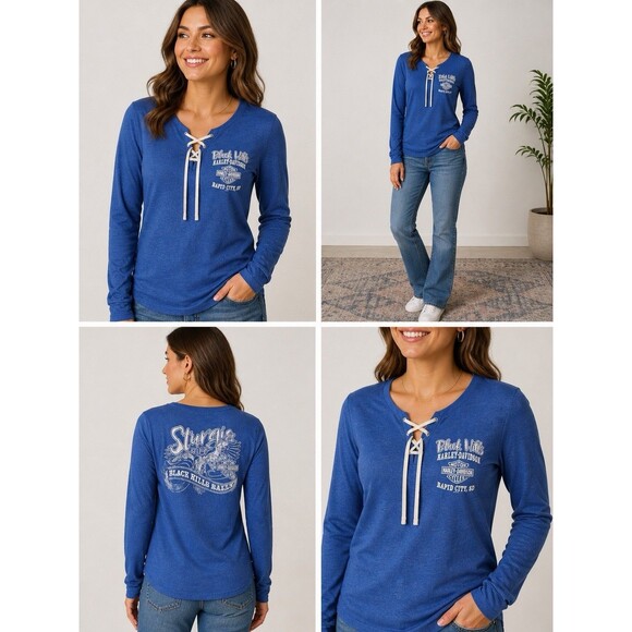 Harley-Davidson Tops - Harley-Davidson Scoop Neck Tie Lace Up Women’s Long Sleeve Rapid City See Pics